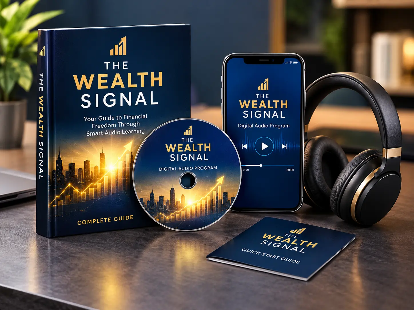 The Wealth Signal digital audio program package including guide, audio CD conceptual cover, mobile access, and headphones.
