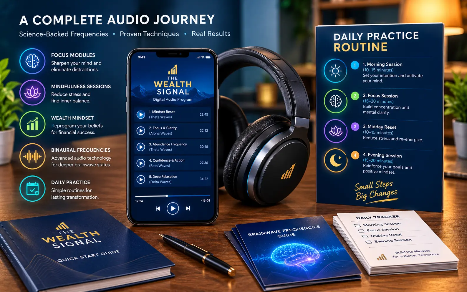 Digital audio player interface and daily practice routine setup for The Wealth Signal.