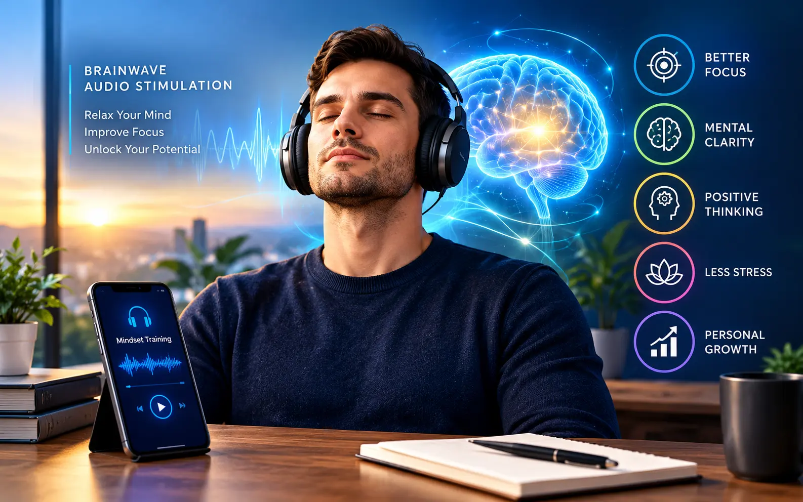 Conceptual illustration of brainwave audio stimulation, mental clarity, and focus for personal development.