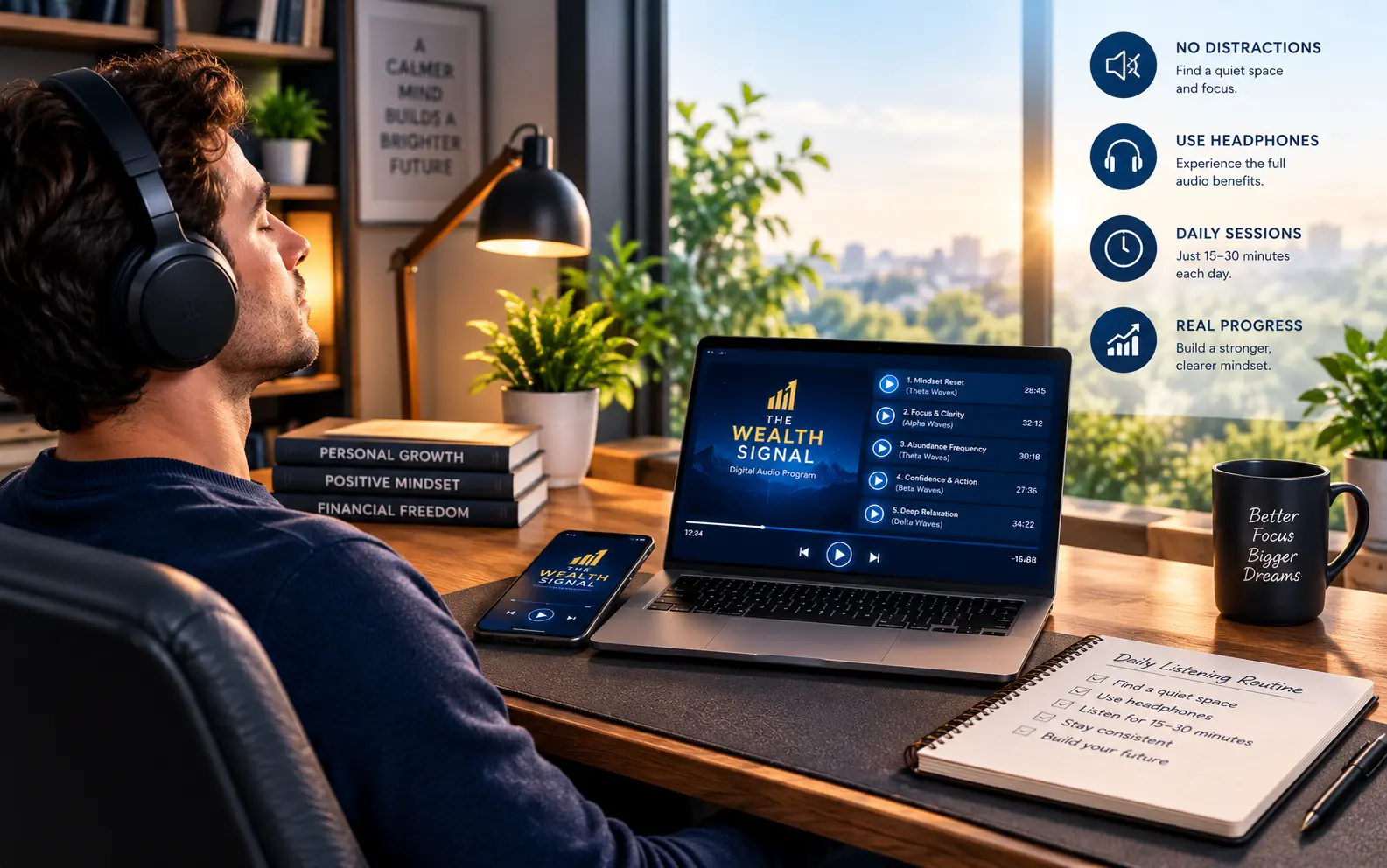 A quiet, distraction-free workspace setup for daily mindset audio sessions.